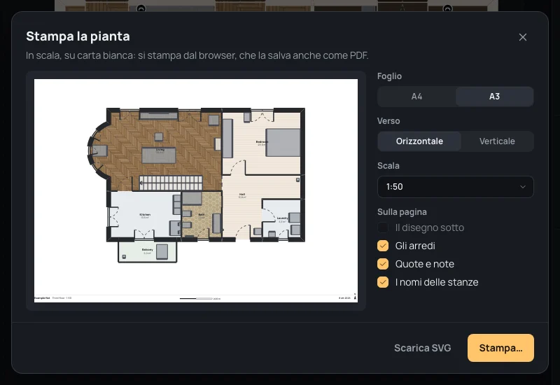 La casa d’esempio su un A3, orizzontale, in scala 1:50