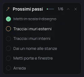 Prossimi passi, 1/6: Metti in scala il disegno fatto, Traccia i muri esterni come prossimo, poi i muri interni, i nomi delle stanze, porte e finestre, Arreda