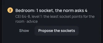 A review row: Bedroom, 1 socket, the norm asks 4, with Show and Propose the sockets