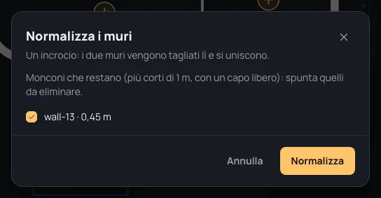 Normalizza i muri: Un incrocio: i due muri vengono tagliati lì e si uniscono. Il moncone wall-13 · 0,45 m spuntato da eliminare