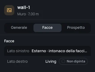 Le facce di wall-1: esterno a sinistra, il soggiorno a destra, non dipinta