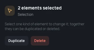 A room and a wall selected together: 2 elements selected, with Duplicate and Delete