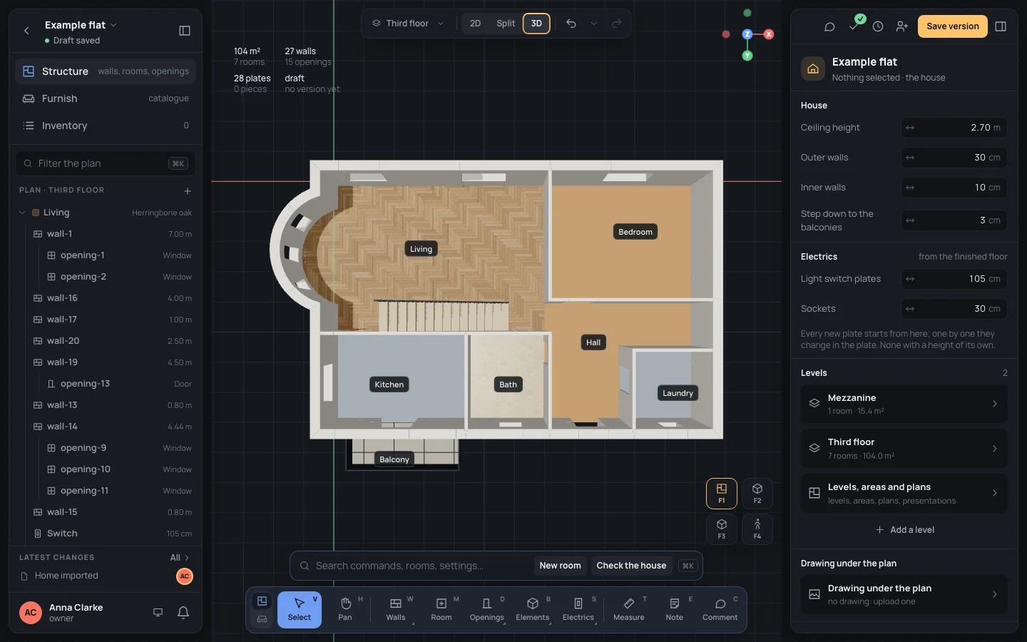 The 3D from above, north up: the rooms' floors and walls seen from straight over the house