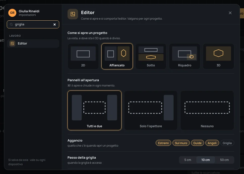 La ricerca delle impostazioni con griglia scritto: resta solo la sezione Editor, aperta