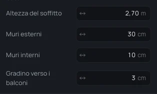 Le misure della casa: Altezza del soffitto 2,70 m, Muri esterni 30 cm, Muri interni 10 cm, Gradino verso i balconi 3 cm