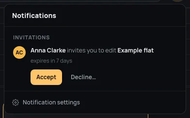 The bell open: under Invitations, Anna Clarke invites you to edit Example flat, expires in 7 days, Accept and Decline…