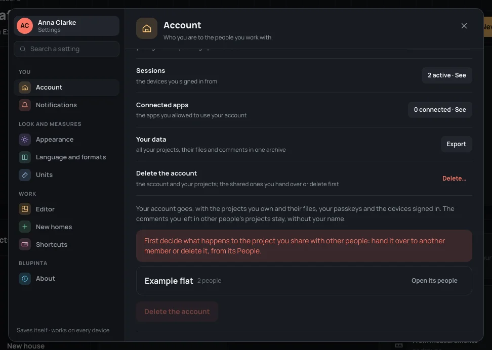 Delete the account waiting: Example flat, shared with 2 people, to hand over or delete first from Open its people