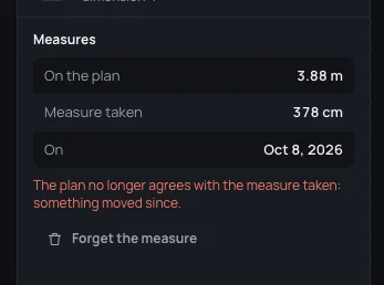 The dimension after the hall's wall was nudged 10 cm: on the plan 3.88 m, measure taken 378 cm, and the red warning