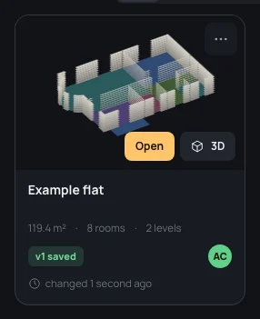 A card under the pointer: the Example flat's plan raised in 3D, with Open and 3D over it