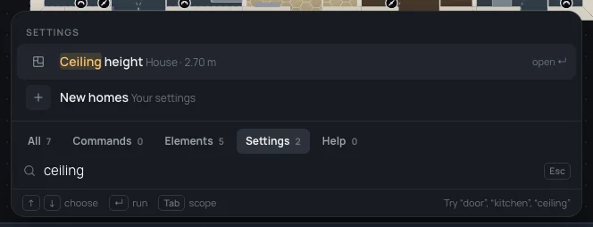 ceiling typed in Settings: Ceiling height, House · 2.70 m, and New homes, Your settings