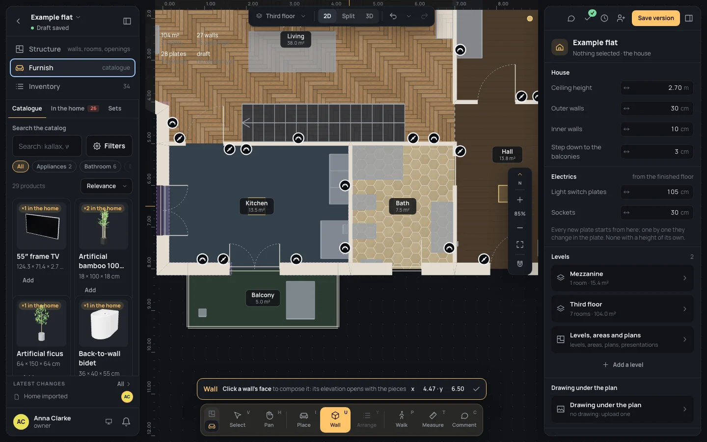 The Wall tool on in Furnish: the bar says Click a wall's face to compose it