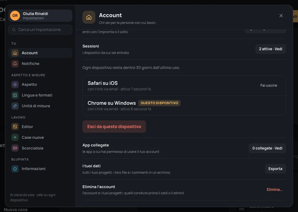 Sessioni: Safari su iOS con Fai uscire, e Chrome su Windows segnato Questo dispositivo, poi Esci da questo dispositivo