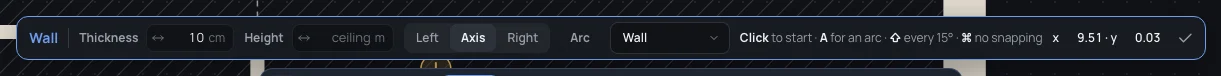 The Wall tool's bar: Thickness 10 cm, Height ceiling, Follow Left Axis Right, Arc, Wall, the hint and the pointer's place