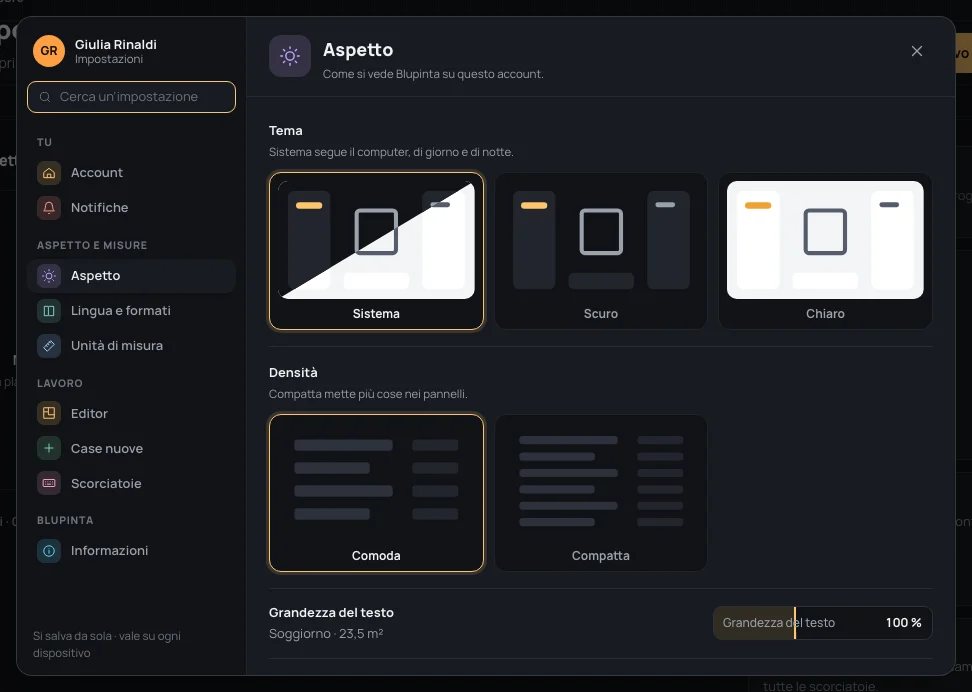 Aspetto: Tema, Densità, Grandezza del testo e Colori delle stanze