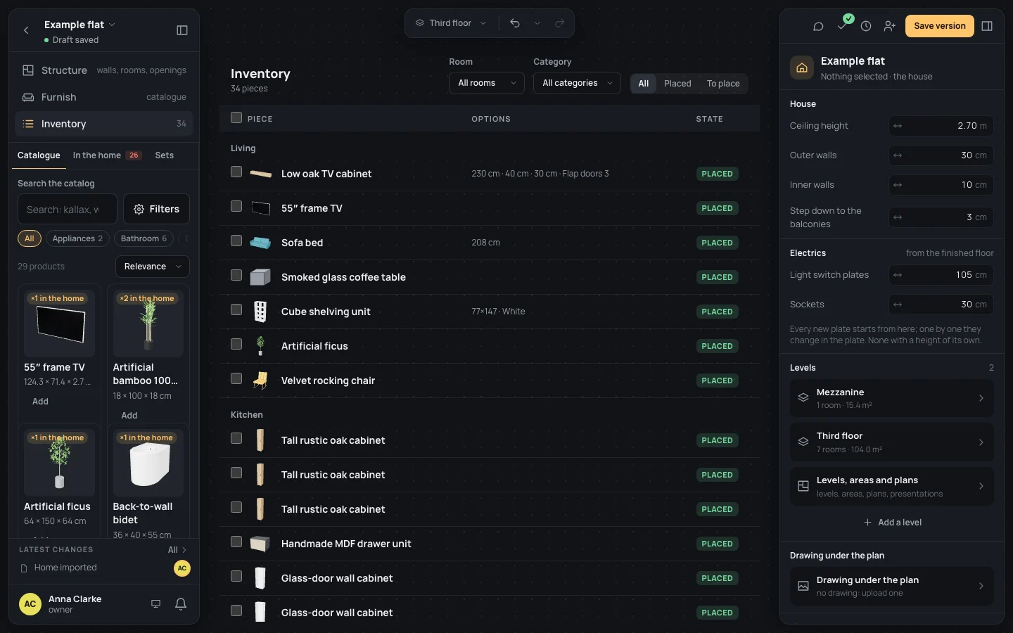 The Inventory workspace on the example flat: 34 pieces, the filters Room, Category and All, Placed, To place; the Living's pieces with their pictures, options and state