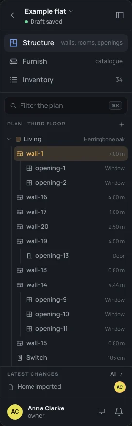 The outline of the Third floor: Living open, wall-1 selected with its two openings, the other walls of the room